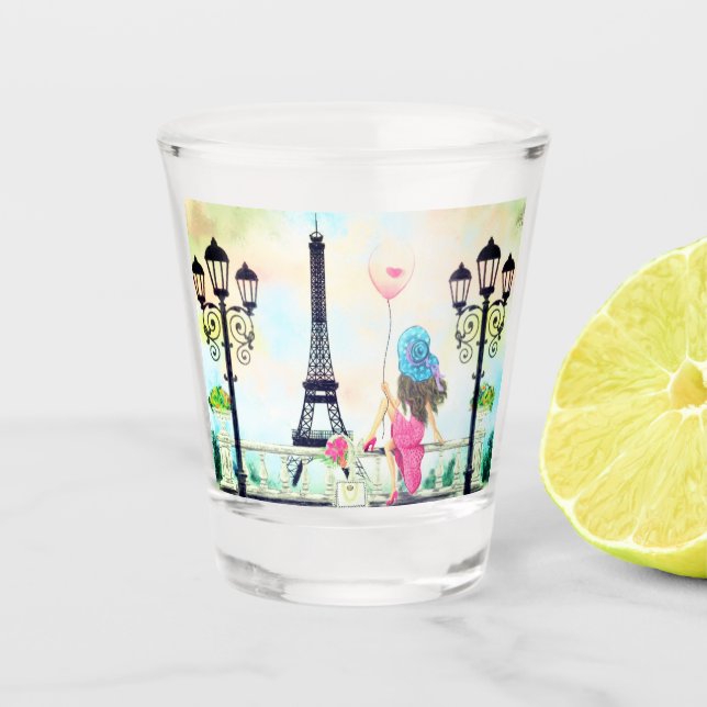 Frau mit rosa Ballon in Paris Shot Glass Schnapsglas (Vorderseite)