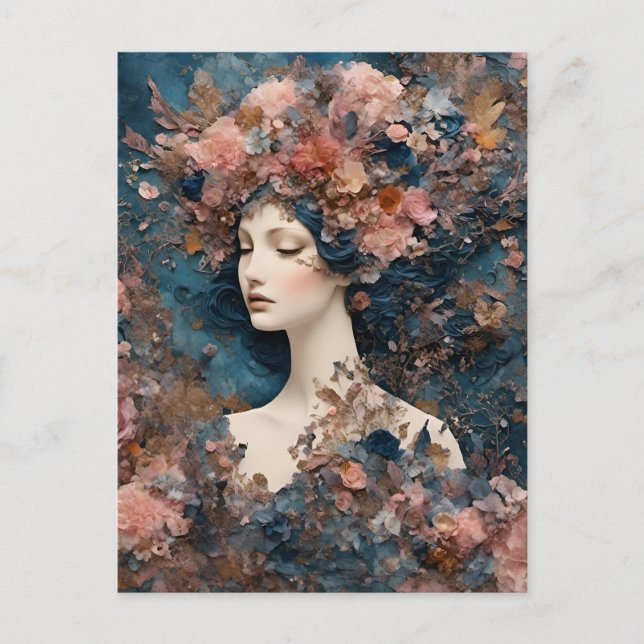 Frau mit rosa Blume, gemischte Medienkollektion Postkarte (Vorderseite)