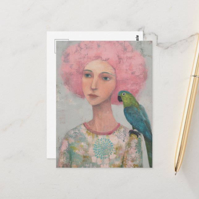 Frau mit rosa Haar und Vogel Postkarte (Vorderseite/Rückseite Beispiel)