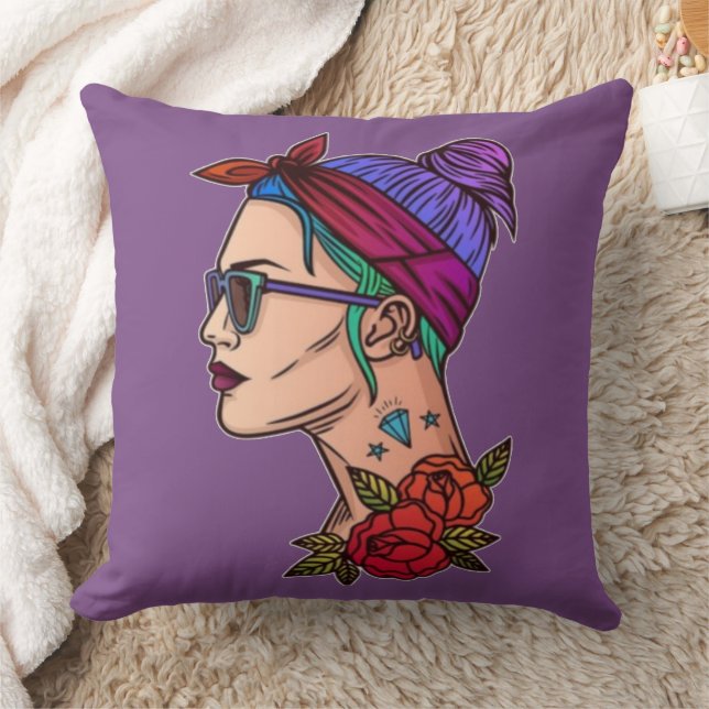 Frau mit rosa Lila Haar Pink Roses Sonnenbrille Kissen (Decke)