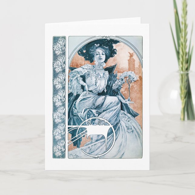 Frau mit Rose, Mucha Karte (Vorderseite)