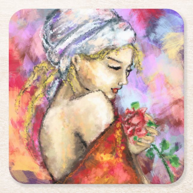 Frau mit Rose Paper Untersetzer (Vorderseite)