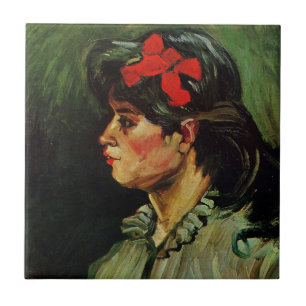 Frau mit rotem Band Porträt von Vincent van Gogh Fliese