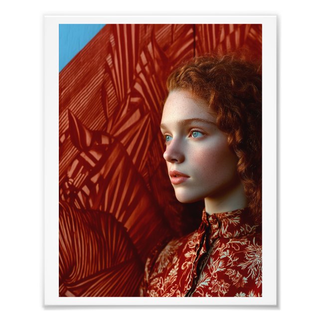 Frau mit rotem Haar durch ein Gemälde roter Pferde Fotodruck (Vorne)