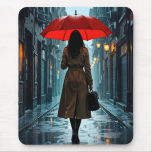 Frau mit rotem Regenschirm und Aktentasche Mousepad