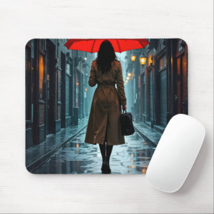 Frau mit rotem Regenschirm und Aktentasche Mousepad