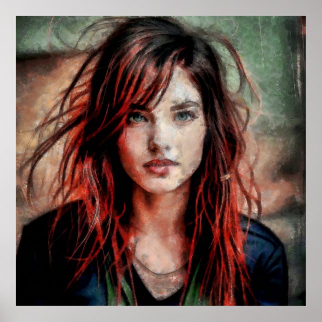 Frau mit roten Haaren im Wind Poster (Vorne)