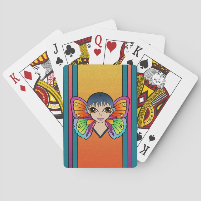 Frau mit Schmetterlingsflügeln beim Kartenspielen Spielkarten (Rückseite)