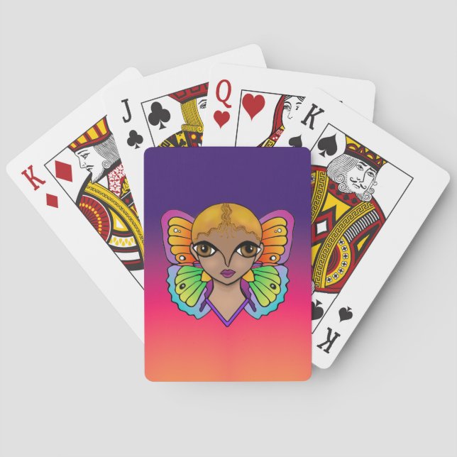 Frau mit Schmetterlingswings hell und farbenfroh Spielkarten (Rückseite)