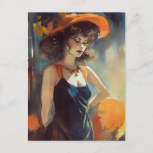 Frau mit schwarzem Kleid mit orangefarbenen Gurten Postkarte