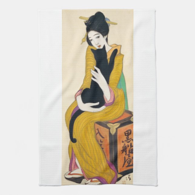 Frau mit schwarzer Katze, Yumeji Takehisa Küchentuch (Vertikal)