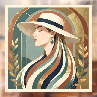 Frau mit Sonnenhut Art Deco Fensteraufkleber