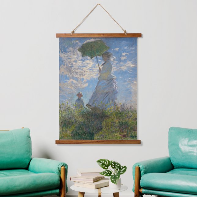 Frau mit Sonnenschirm | Französische Landschaft Wandteppich Mit Holzrahmen (Wohnzimmer)