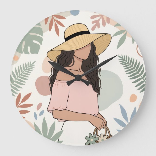 Frau mit Strohhut mit Blumen Große Wanduhr (Vorderseite)