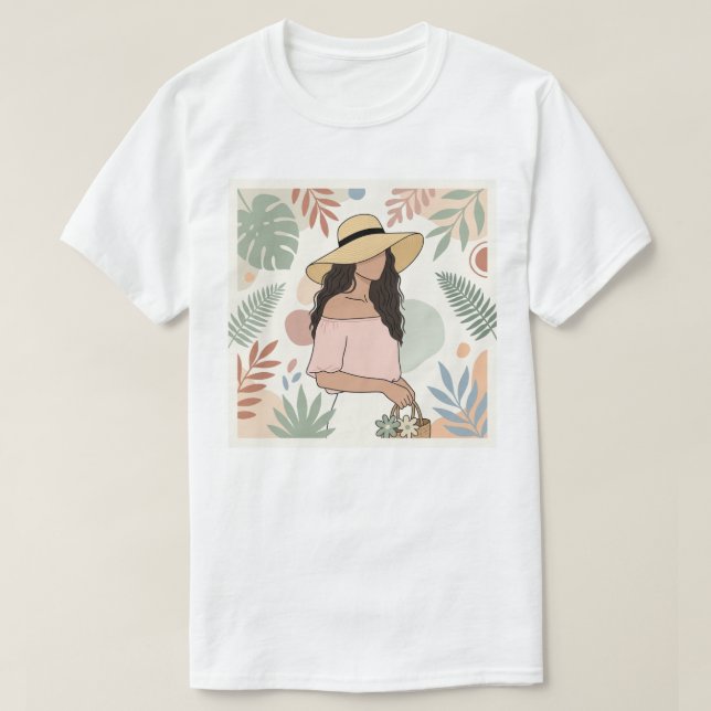 Frau mit Strohhut mit Blumen T-Shirt (Design vorne)