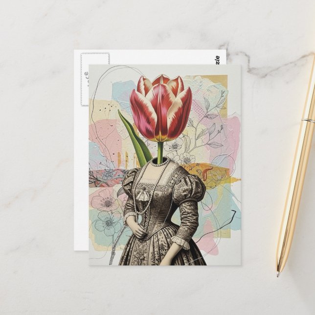 Frau mit Tulpenkopf Postkarte (Vorderseite/Rückseite Beispiel)