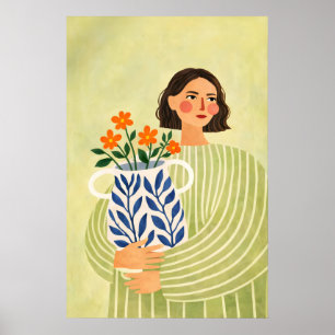 Frau mit Vasenplakat, moderne botanische Porträt Poster
