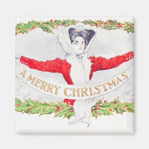 Frau mit Weihnachtsbanner Vintage Magnet