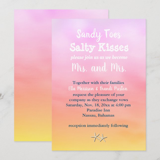 Frau & Mrs Sandy Toes Wedding Einladung Sonnenunte (Vorne/Hinten)