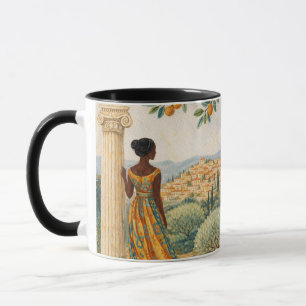 Frau neben Säule mit Zitrusbaum-Illustration Tasse