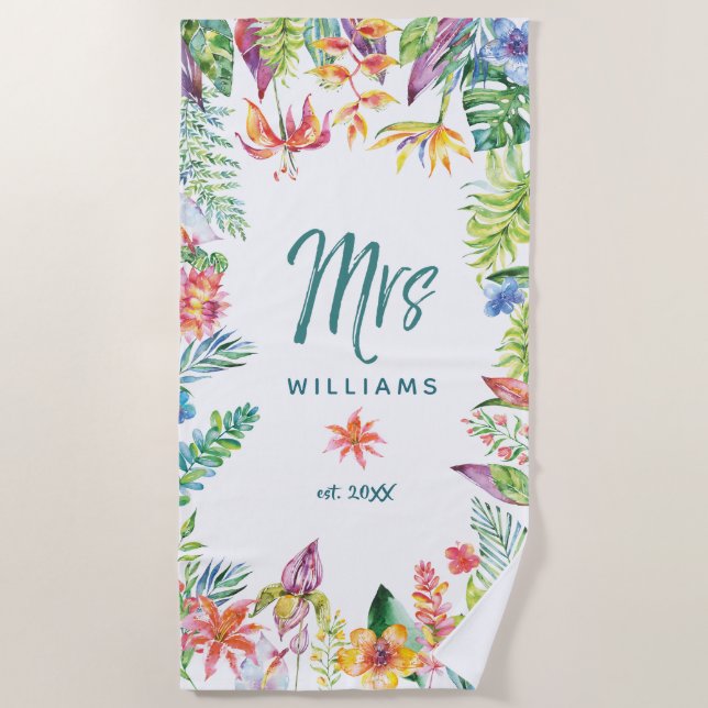 Frau Newlywed Tropical Floral Watercolor Script Strandtuch (Vorderseite)