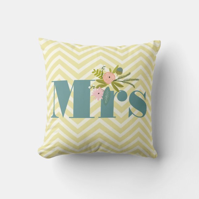 Frau Pale Yellow Ivory Aquamarin Zig Zag Kissen (Vorderseite)