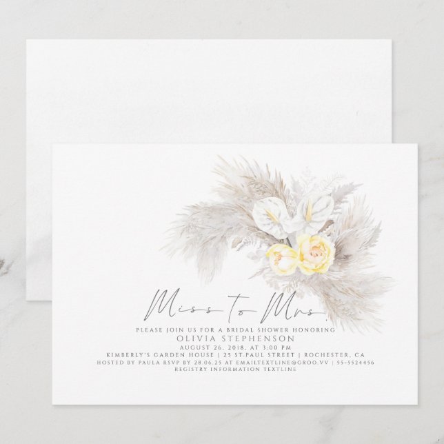 Frau Pampas Grass Floral Brautparty Einladung (Vorne/Hinten)