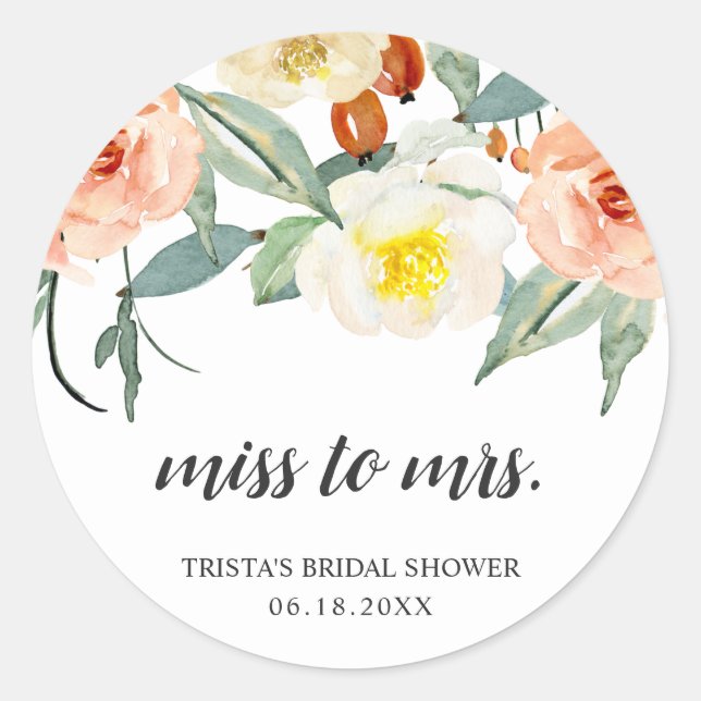 Frau Peach Floral Brautparty Bevorzugung Runder Aufkleber (Vorderseite)