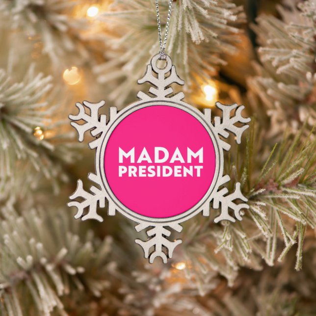 Frau Präsidentin! Moderne Typografie weiß heiß ros Schneeflocken Zinn-Ornament (Baum)