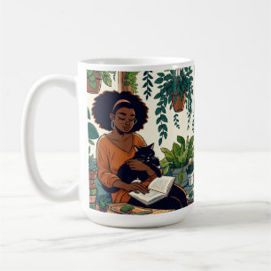 Frau Relaxen mit Katze, Buch und Pflanze Kaffeetasse
