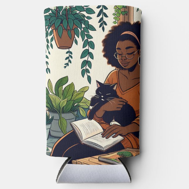 Frau Relaxen mit Katze, Buch und Pflanze Selters Dosenkühler (Vorderseite)