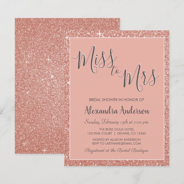 Frau Rose Gold Glitzer Brautparty Einladung (Vorne/Hinten)