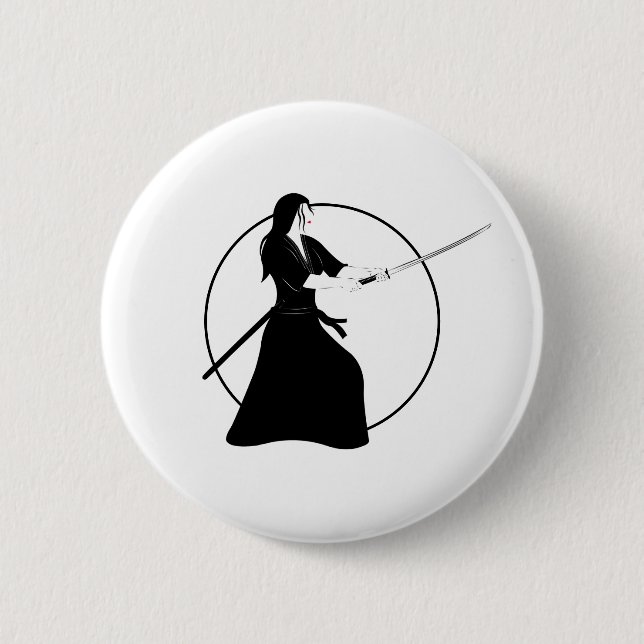 Frau Samurai Warrior mit Schwert Button (Vorderseite)