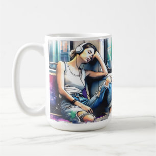 Frau schläft in der U-Bahn und hört Musik Kaffeetasse