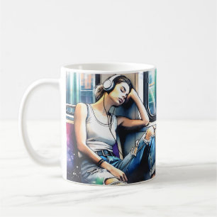 Frau schläft in der U-Bahn und hört Musik Kaffeetasse