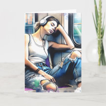 Frau schläft in der U-Bahn und hört Musik