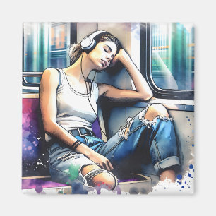 Frau schläft in der U-Bahn und hört Musik Magnet