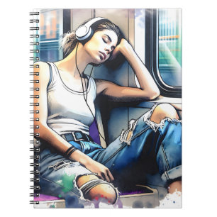 Frau schläft in der U-Bahn und hört Musik Notizblock