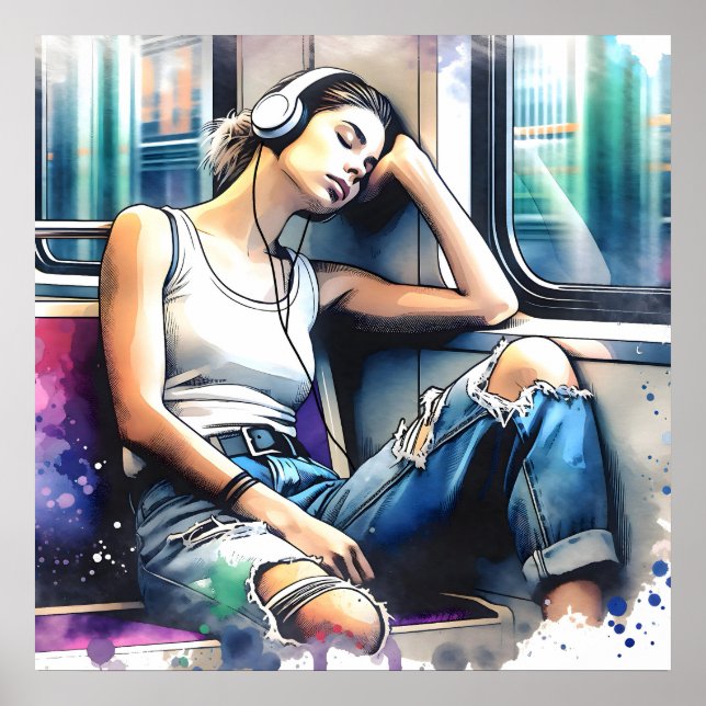 Frau schläft in der U-Bahn und hört Musik Poster (Vorne)