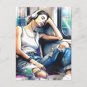 Frau schläft in der U-Bahn und hört Musik Postkarte
