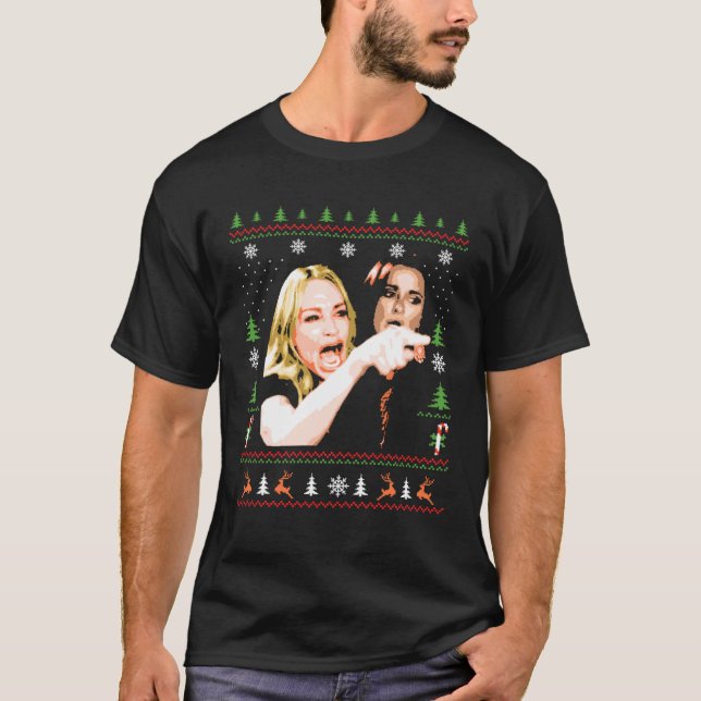 Frau schreien bei Cat Meme Ugly Christmas T-Shirt (Vorderseite)