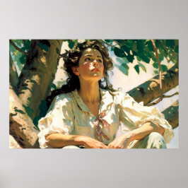 Frau sitzt an einem sonnigen Tag in einem Baum Poster