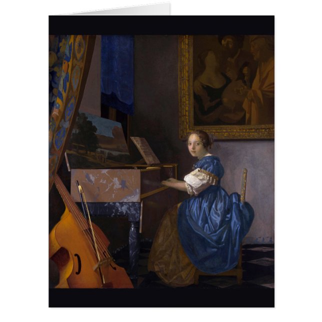 Frau sitzt bei einer Jungfrau von Vermeer (Vorderseite)