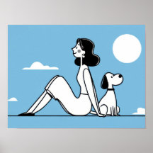 Frau sitzt mit Hund unter dem Mond