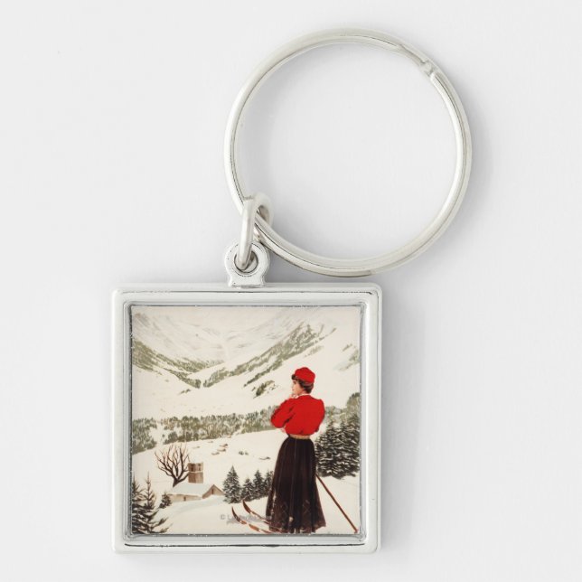 Frau Skier mit Blick auf Adelboden Poster Schlüsselanhänger (Vorne)
