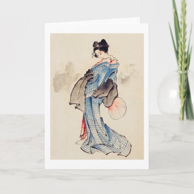 Frau steht mit einem Fan, Hokusai Karte (Vorderseite)