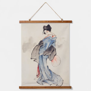 Frau steht mit einem Fan, Hokusai Wandteppich Mit Holzrahmen