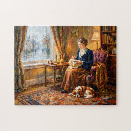 Frau stickt am Fenster mit Cavalier Spaniel