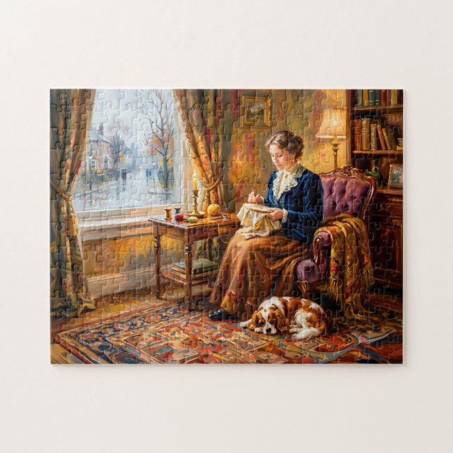 Frau stickt am Fenster mit Cavalier Spaniel (Horizontal)