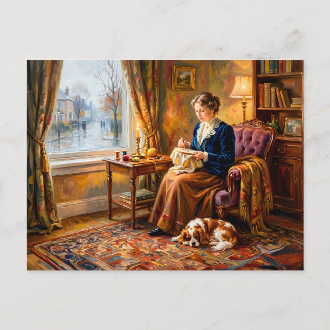Frau stickt am Fenster mit Cavalier Spaniel Postkarte (Vorderseite)